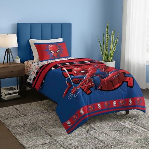 Northwest Marvel Spiderman Twin Comforter Set 4 Piece Includes Reversible Comforter & Sheet Bedding Set Soft Fade Resistant Microfiber Officially Licensed - color: Spidey Drop Twin