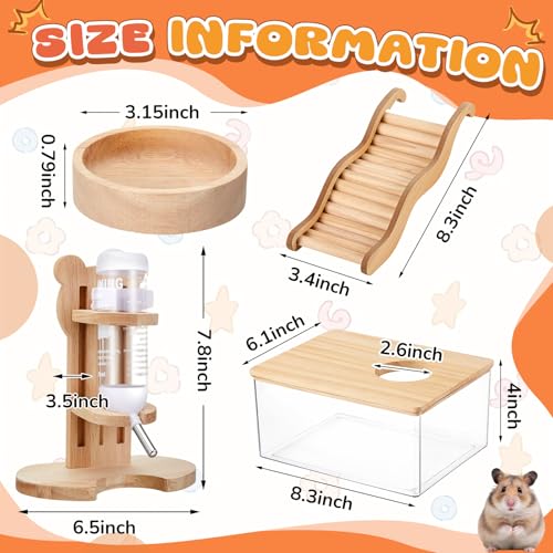 4 Pcs Hamster Cage Accessories Water Bottle Set,Rectangle | Hamster Sand Bath Box Feeding Bowl Climbing Toy Wooden Ladder Bridge Set for Rat Mice Small Animals Habitat Decor Enrichment
