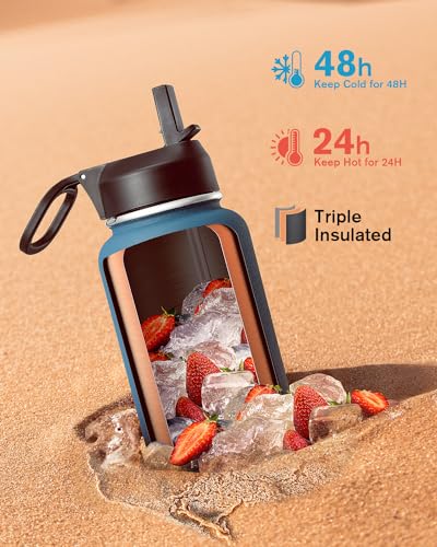 Coolflask 40 oz Water Bottle Insulated with Straw & 3 Leakproof Lids | Water Flask Stainless Steel Triple-Wall Vacuum,Cold 48+h,Dishwasher Safe,Wide Mouth, BPA-Free,Carrier Bag,for Gym,Hiking - color: Samurai Cyan, size: 40 Ounces