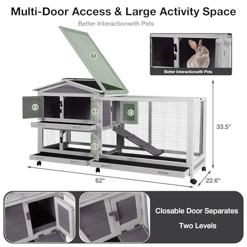 62″ 2-Story Large Rabbit Hutch, Indoor & Outdoor Bunny Cage with Chew-Proof Ramp, 3 Leakproof Pull-Out Trays, Waterproof Roof, 6 Lockable Wheels, for Rabbits & Guinea Pigs - color: (Grey)