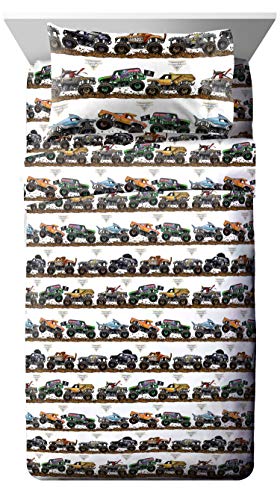 Jay franco Monster Jam Tracks 4 Piece Twin Bed Set - Includes Comforter & Sheet Set - Bedding Features Grave Digger & Megalodon - Super Soft Fade Resistant Microfiber (Official Monster Jam Product) | Grave Digger Megalodon, Comforter Sheets Pillowcase, Of