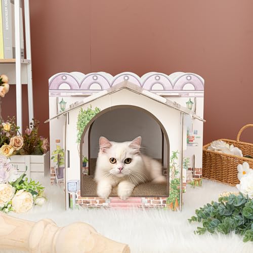 Lineshading 2 Story Cardboard Cat House with Scratcher Pad, Multi Level Durable Cat Scratcher House for Small Kitten Bunny Rabbit Animals Christmas Birthday Gift(17x12x10,Cottage) - style: Cottage