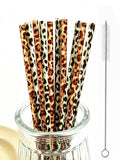 10 Pcs Reusable Brown Leopard Straws Long Straws with Cleaning Brushes | Plastic Cheetah Animal Straws Brown Leopard Print Drinking Straws for Tumblers Cups Safari Wild Favors Birthday Party Supply - color: Brown and Yellow