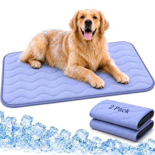 2 Pack Dog Cooling Mats 44" x 28", Q-Max 0.5+ Arc-Chill Fiber Self-Cooling Pet Pads, Thick Durable Cool Touch Crate Mats for Large Dogs & Medium Dogs, Non-Slip Washable, Gel-Free Pet-Friendly Design - size: 44" x 28" - 2 Pack/ Medium & Large Dogs