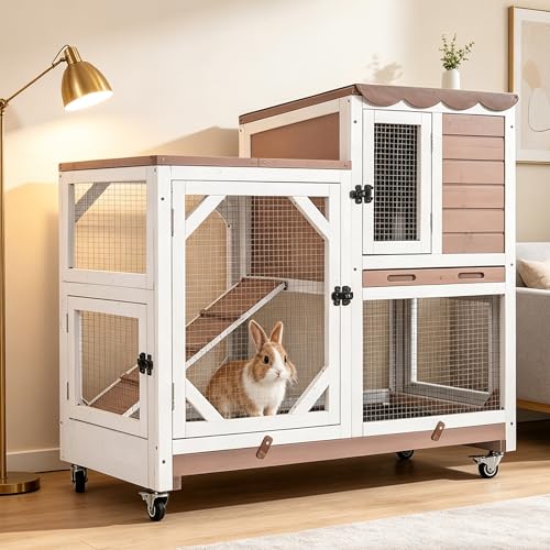 Rabbit Hutch 2-Story Wooden Bunny Cage with 2 Leak-Proof Sliding Trays, Chew-Proof Metal Mesh, Rainproof Cover, Indoor & Outdoor Guinea Pig House with Wheels - Brown - color: 39"L Brown