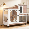 Rabbit Hutch 2-Story Wooden Bunny Cage with 2 Leak-Proof Sliding Trays, Chew-Proof Metal Mesh, Rainproof Cover, Indoor & Outdoor Guinea Pig House with Wheels - Brown - color: 39"L Brown