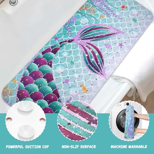 Mermaid Bathtub Mat Non Slip, Cute Baby Bath Mat for Tub Rubber Tub Mat, Kids Bath Mats for Bathroom Little Girls Anti Slip Shower Mat with Suction and Drain Holes Machine Washable, 40″X16″ - color: A05, size: 40" x 16" (Rectangular)