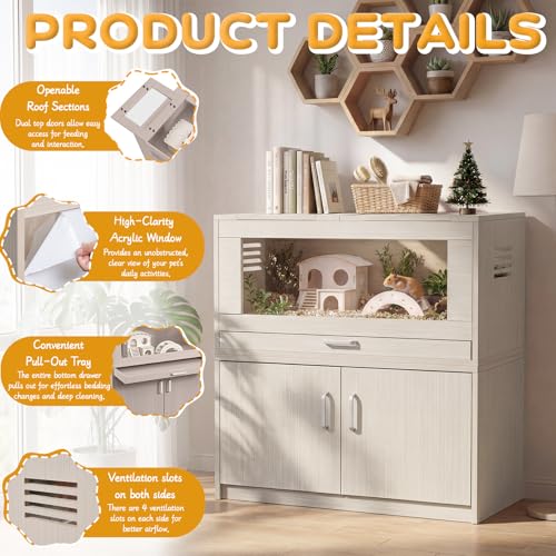 Hamster Cage with Storage Cabinet Detachable, Large Wooden Small Animal Habitat with Easy-Clean Drawer & Acrylic Panels for Guinea Pig, Rabbit, Hedgehog, Chinchilla (Beige) - color: Beige