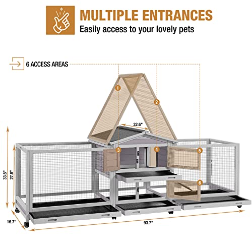 GUTINNEEN 2-Story Rabbit Hutch for 2-4 Bunnies - Wooden Guinea Pig Cage with Wheels, Pull-Out Trays & Waterproof Asphalt Roof, Indoor Outdoor - size: 93.7"L x 22.6"W x 33.5"H