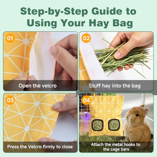 Rabbit Hay Bag 2 Pack - 2 Holes Hanging Bunny Hay Feeder Holder with Metal Hooks, Oxford Cloth Guinea Pig Feeding Bag Storage for Chinchillas Hamsters and Small Animals (Blue Yellow) - color: Blue Yellow