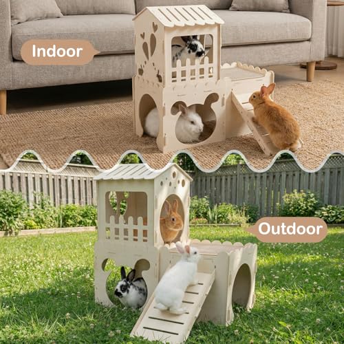 Extra Large Rabbit Castle, Wooden Bunny House & ,Detachable Rabbit Hideaway, Indoor Hamster Castle with Ramp, Small Animal Houses & Habitats for Guinea Pig Chinchilla Ferret(3 House with Sisal Mat) - size: 3 House with 2 Mat