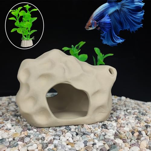 SpringSmart Aquarium Decor Rock Cave for Fish Shrimp Turtle Crab, Betta Fish Tank Decorations Ceramic Hiding Stone, Fish Bowl Landscape Rock with Plastic Plant - size: SH