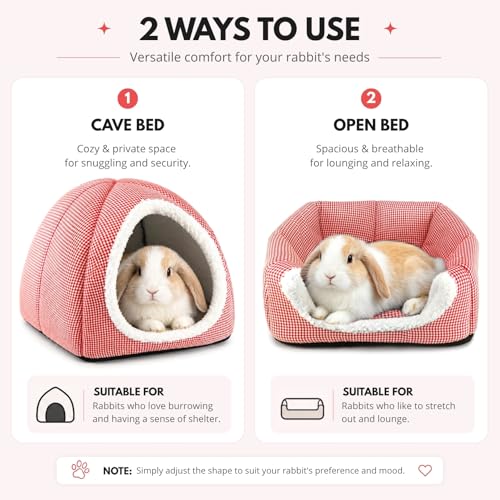 Rabbit Hideout Bed for Large Bunnies, Soft Plush Bunny House | Cozy Small Animal Hideaway with Removable Pad for Indoor Rabbits, Guinea Pigs, and Ferrets, Red - color: Red