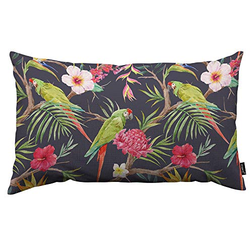 HOSNYE Tropical Tree Throw Pillow Cover Flowers of Hibiscus Blooming Ginger Palm Leaves Parrot Ara and Toucan Linen Fabric for Couch Bed Sofa Car Waist Cushion Cover 12 x 20 inch - color: Throwpillowcoversa104, size: 20" x 12" (Pack of 1)