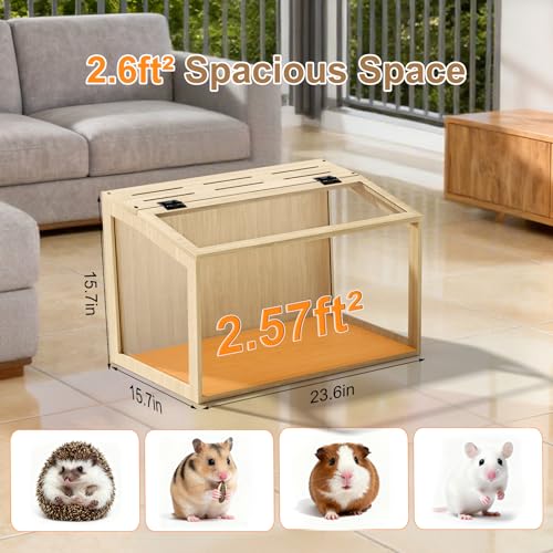 Hamster Cage: 24inch Wooden Small Animal Cage with Warm Light | Clear Chewy Proof Hamster House with Openable Breathable Top - size: 23.6"L x 15.8"W x 15.8"H