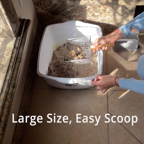 UFECODO Fast Sifting Cat Litter Scoop with Holder Stand, Stainless Steel Poop Scooper with Ergonomic Wood Handle, Heavy Duty and Easy Clean - size: 0.3inch gap