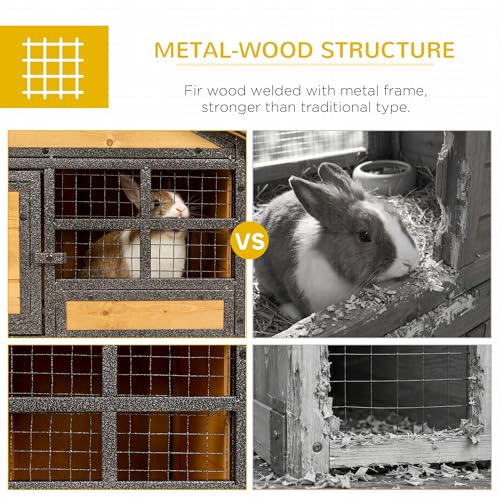 PawHut 2-Level Rabbit Hutch Bunny House with Weatherproof Hinged Asphalt Roof, Removable Tray and Ramp for Outdoor