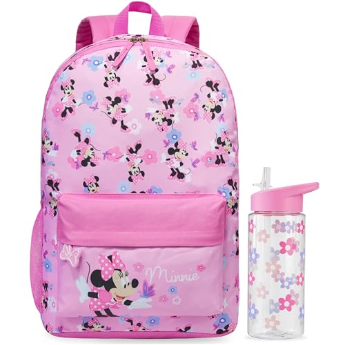 Get Trend Disney Minnie Mouse Kids Backpack with Water Bottle for Girls, 2 Pc 17in Bookbag with Padded Straps Gifts for Girls (Pink Minnie) - color: Pink Minnie