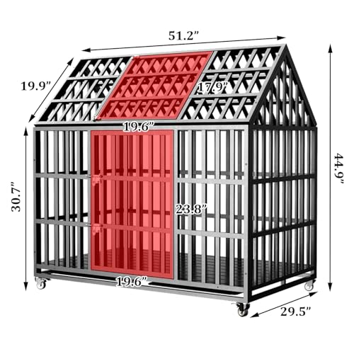 52 inch Heavy Duty Indestructible and Escape-Proof Dog Crate Cage for Large Giant Dogs, Steel Double Door Indoor High Anxiety Pet Kennel with Trays and Wheels, Extra Large XL XXL - size: 51.2"L x 29.5"W x 44.9"H