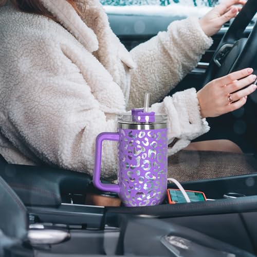40 oz Tumbler with Handle and Straw, 100% Leak-Proof Travel Mug, Stainless Steel Double Wall Vacuum Insulated Coffee Cup Keeps Cold For 34 Hours, Dishwasher Safe, Purple Leopard - color: Purple Leopard