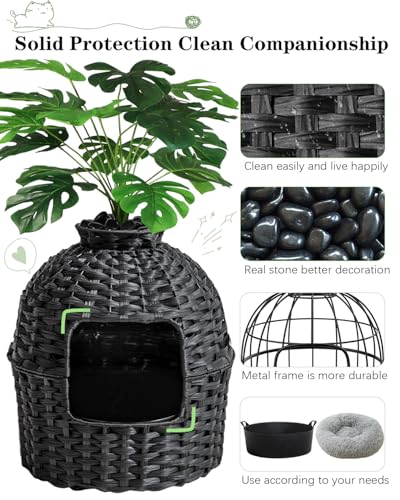 SETVSON Cat Litter Box Plant Furniture Enclosure, PE Rattan House, Black | Decorative Planter Design, Easy Clean, Artificial Plants & Real Stones Included, Private Inner Litter Box, 20" x 20" Compact - color: Black