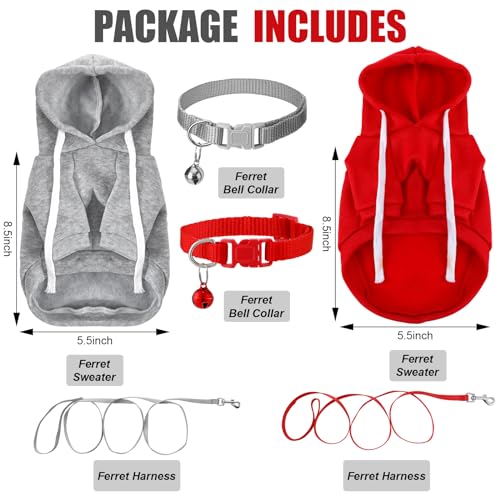 Foaincore 6 Pcs Ferret Clothes Hoodie Sweater Leash Harness Set Grey Red | Soft Hoodie Sweaters with Drawstring, Collar with Bell for Safety, Leash Included, For Guinea Pig Hamster Chinchilla