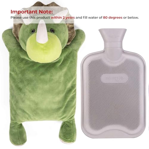 HomeTop Premium Classic Rubber Hot Water Bottle with Triceratops Cover | Natural rubber hot water bottle,Long-lasting heat retention,Snuggly all-night warmth - color: Gray/Triceratops