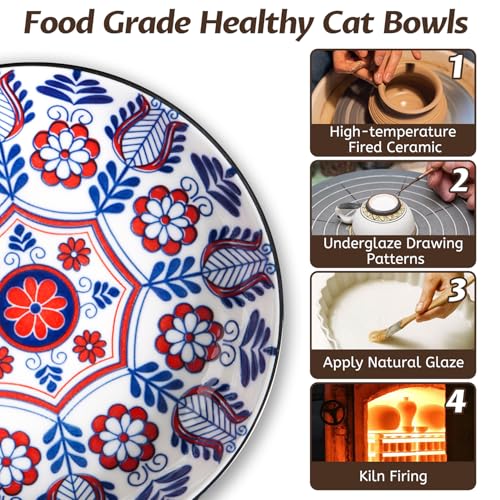 WROSWT Non-Slip Cat Bowl,Ceramic Cat Food Bowls with Silicone Bottom, Anti-Whisker Fatigue Cats Dishes Set, Shallow & Wide Kitten Plates for Food and Water, 4 Pack - size: Bohemian-4 Pack