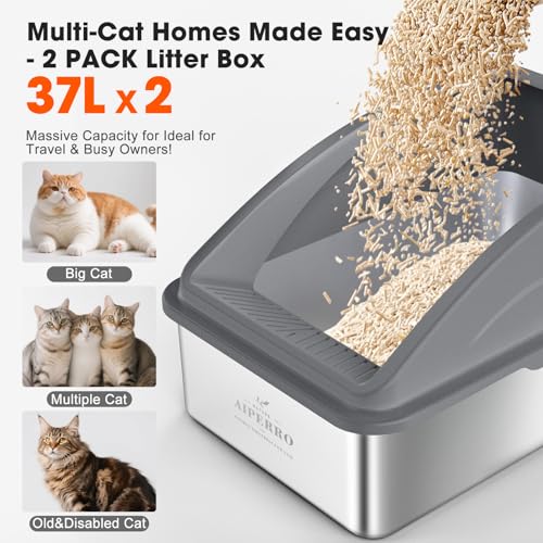 2 Pack Stainless Steel Litter Box | XL Enclosed Cat Litter Boxes with Lid for Big Cats and Multi-Cats | High Sided, Anti-Urine Leakage | Non-Stick Bottom（Dark Gray） - color: Dark Gray, size: X-Large