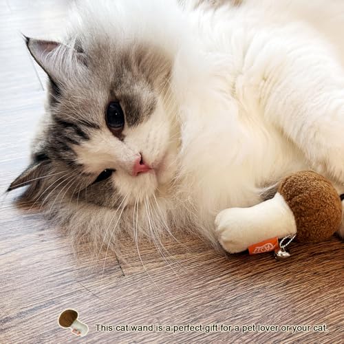 TTcat Natural Wooden Cat Wand Toy with Catnip Plush Mushroom, Thick Unbreakable Rope Interactive Cat Teaser Stick with Bell, Indoor Kitten Boredom Relief Hunting Play Toy for Cats.