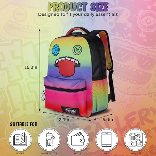 AI ACCESSORY INNOVATIONS Fuggler Backpack with Big Face Oogah Boogah Character, Rainbow Gradient, 16 Inch, Polyester, 3 Pockets, Adjustable Straps, for Kids Ages 5-12 - style: Fuggler Oogah Boogah Backpack