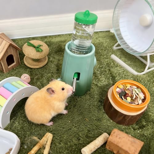 Hamster Water Bottle Adjustable Ceramic Hamster Water Dispenser No Drip Feeder with Food Bowl for Mice Rats Hedgehog Chinchilla Gerbil - color: Green