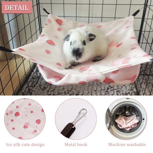 SEIS 2PCS Cooling Small Pet Hammock & Mat Set, Ice Silk Summer Cage Hanging Bed for Guinea Pig Hamster Chinchilla Rabbit, Cute Strawberry Lemon Print Breathable Pet Rest Bed (Pink) - color: Pink