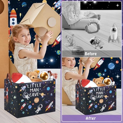 Astronaut Rockets Nursery Laundry Hamper,Space Storage Basket with Inspirational Quotes,Planets Boy Room Decor Shelf Basket ,Rectangular Clothes Book Toy Storage Bin (Black) - color: Black