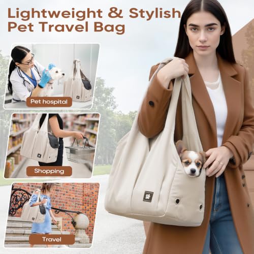 Dog Purse Carrier for Small Dogs, Cats, and Puppies – Soft-Sided Travel Pet Tote Bag with 4 Large Pockets, Foldable, Lightweight, Fits Pets up to 15 lbs, for Travel, Outings (Beige) - color: Beige