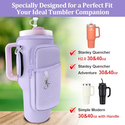 Stanley Carrier Bag for Stanley 40oz/30ozTumbler with Phone with 2 Adjustable Strap,3 Pockets Bottle Stanley Cup Carrier Bag & Case,Accessories for Hiking Travelling - color: Purple