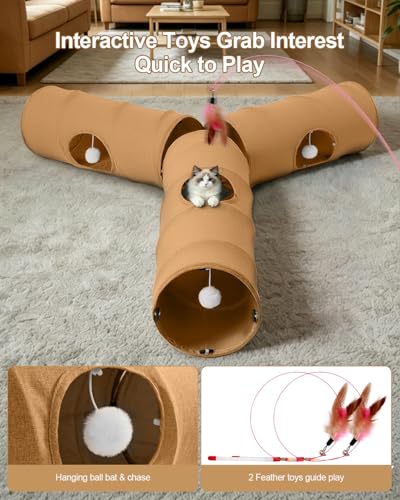 Cat Tunnel, 3 Straight Shaped Tunnels 6 DIY Shapes with Wand Toys, No Noise Scratch Resistant Cool Linen Fabric, Interactive Pet Tunnel Tube for Indoor Cats, Puppy and Rabbits - color: Brown