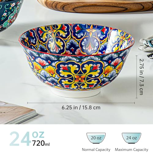 HENXFEN LEAD Boho Ceramic Cereal & Soup Bowls Set of 6, 24 oz | Assorted Patterns, Ideal for Oatmeal, Pasta, Salad, Rice, Fruit & Everyday Meals, Microwave & Dishwasher Safe - size: 24 Oz