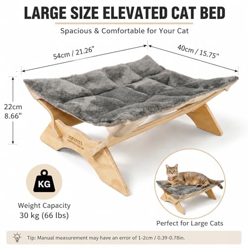 JSPYFITS Elevated Cat Bed Hammock, Raised Cat Bed with Dual-Sided Plush & Linen Cushion, Machine Washable & Breathable Cover Tool Free Easy Assembly, up to 66Lbs (Gray) - color: Cozy Grey