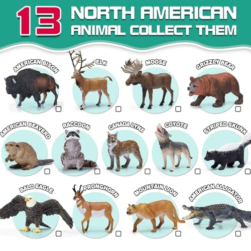 13 Pcs North American Forest Animal Figure Set with Educational Booklet | Realistic Plastic Animals Toy for Kids, Jungle Theme Party Favor, Cake Topper, Birthday Gift for Toddler Boy Girl