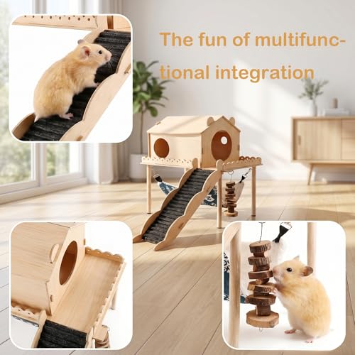 Guinea Pig Hideout Wooden Hamster Castle with Stair Hammock House | Detachable Double-Decker Guinea Pigs House for Hamsters Rabbit Chinchilla Small Animal Hiding Sleeping Activities
