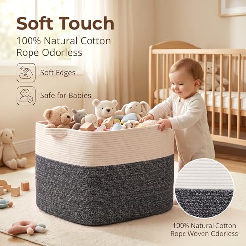 OIASKET 108L Cotton Rope Storage Basket for Living Room and Bedroom 25"x16"x16" Woven Laundry Basket, Heavy Duty Bin for Blankets, Pillows & Toys, Pet-Safe & Scratch-Free, Dark Grey and White - color: Dark Grey & White
