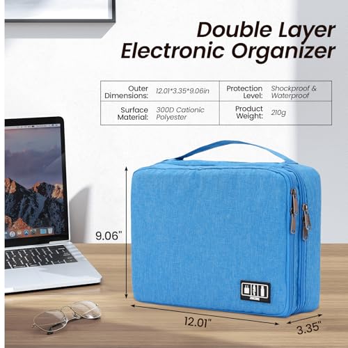 Electronic Organizer Travel Case, Double Layer Cable Organizer Bag | Double-layer design with adjustable dividers, mesh pockets and elastic loops for chargers, cables, power banks and gadgets - color: sky blue
