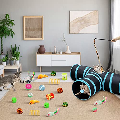 Malier Collapsible Cat Tunnels & Toys Set, Interactive Kitty Toys - Kitten & Cat - Feathers, Mouse, Crinkle Balls, 3-Way Tube Tunnel for Indoor Play - color: Black