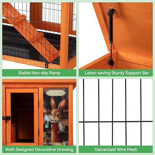 COZIWOW Rabbit Hutch Indoor Outdoor with Wire Floor & Removable Tray Orange | 2-Story Large Wooden Bunny Cage on Wheels, No-Spill Design, Chewproof Ramp for Multiple Small Animals