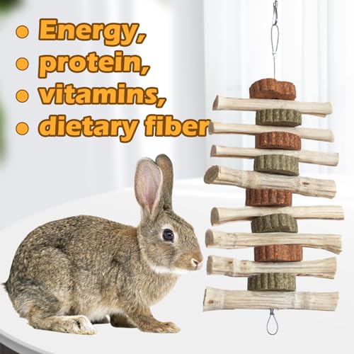 4 PCS Rabbit Chew Toys for Teeth Grinding, Delicious Bunny Cage Hanging Chew Toys, Natural Sweet Bamboo Chew Sticks and Timothy Grass Cake Hay Treats Maintaining Healthy Teeth for Rabbits