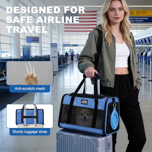 Pet Carrier Airline Approved, Soft Sided Cat Carrier for Small Pets up to 13 lbs, TSA Approved Dog Travel Bag, Portable Soft Sided Pet Carrier for Kittens and Puppies (Blue, Folding Bowl) - color: BLUE
