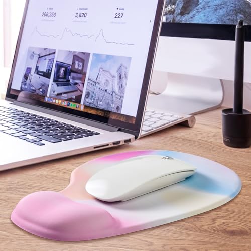 JIKIOU Ergonomic Mouse Pad with Gel Wrist Rest 2Pack,Portable Small Rainbow | Upgraded-Prevent Gel Leakage, Ergonomic Design for Pain Relief, Cooling Gel filled, Smooth Lycra Surface, Non-Slip PU Base - color: 05Rainbow