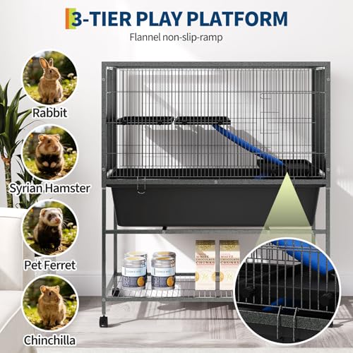 Ferret Cage, 40.5" H Large Ferret Nation Cage with 2 Removable Ramps, Metal Small Animal Cages On Wheels for Chinchillas, Guinea Pigs, Rabbit, Sugar Glider (Grey Hammertone) (41" H)