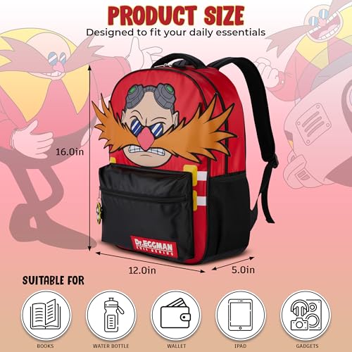 AI ACCESSORY INNOVATIONS Sonic The Hedgehog Backpack for Boys & Girls, Dr. Eggman Big Face 16 Inch Schoolbag with Dr. Eggman Rubber Molded Dangle - style: Dr. Eggman